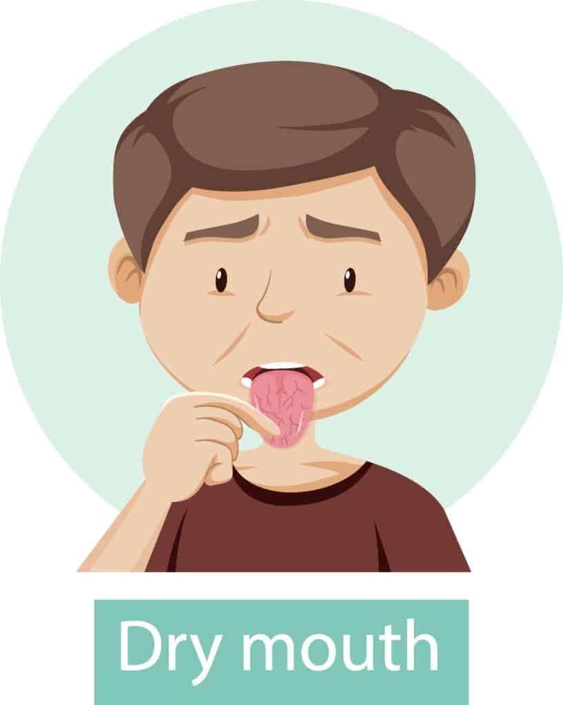Cartoon man suffers from dry mouth.